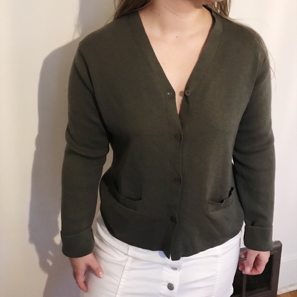 Eileen Fisher Green / Grey Wool Cardigan Sweater